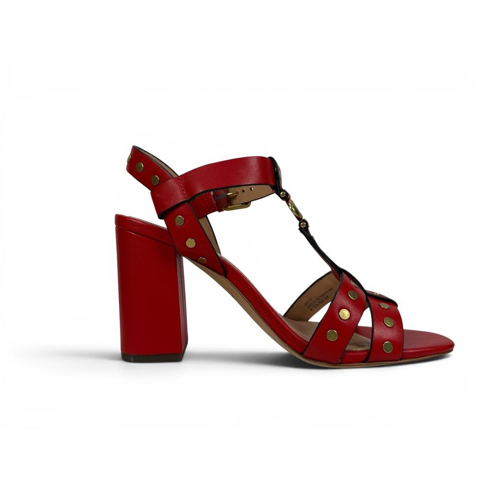 Coach Margaret Sandal Womens 6 Red Leather Studded Block Heel Ankle Strap - Picture 4 of 16